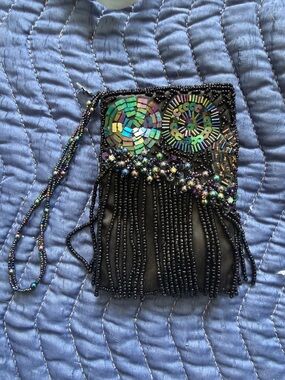 Chico's Black Beaded Fringe Wristlet with Iridescent Sequin Accents